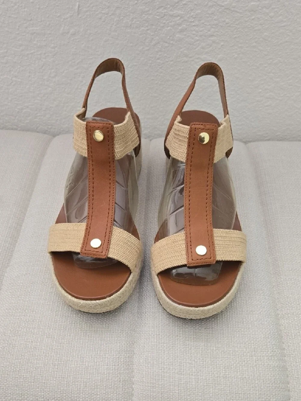 Vionic Brown & Beige T-Strap Slingback Wedge Sandals